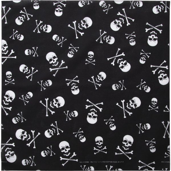 A black bandana with white skulls and crossbones pattern, measuring 22x22 inches and made in the USA.