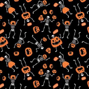 Image showing a glow-in-the-dark wall hanging featuring skeletons and pumpkins, measuring 22x22 inches and sold as a single piece. Made in the USA.
