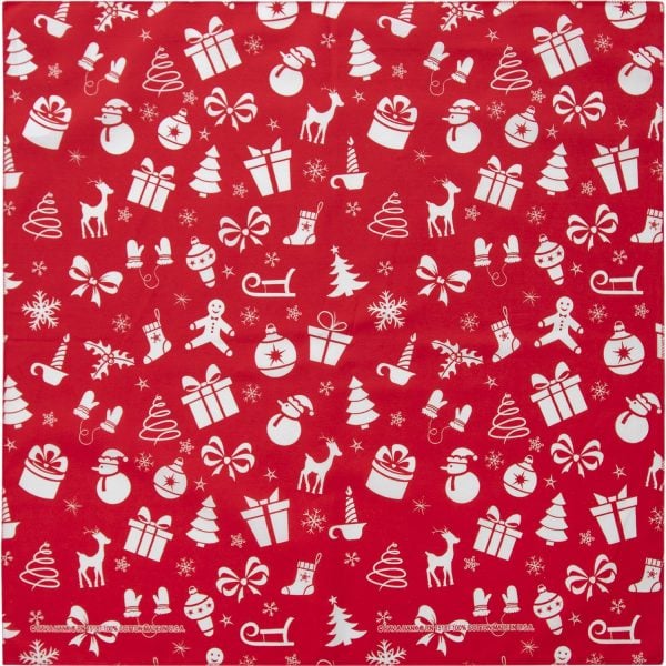 A red bandana with festive Christmas surprises design, perfect for adding a pop of holiday cheer to any outfit.