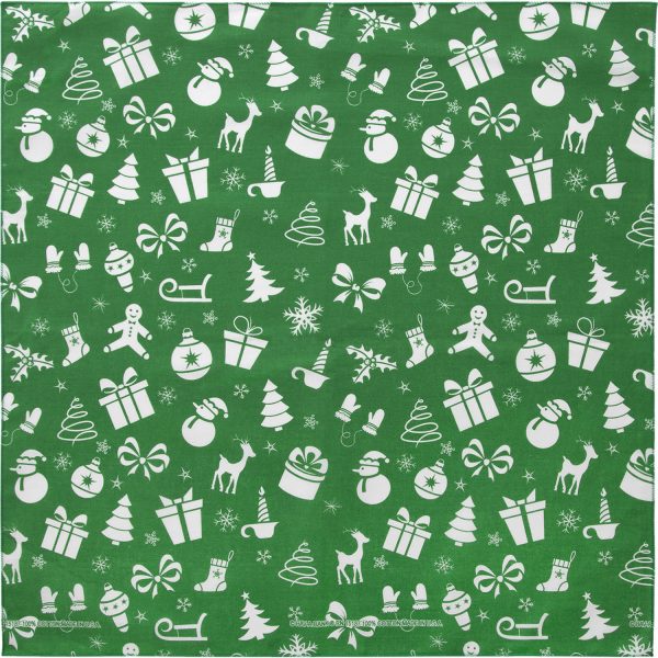 A green bandana featuring a festive Christmas design, perfect for adding a touch of holiday cheer to your outfit.