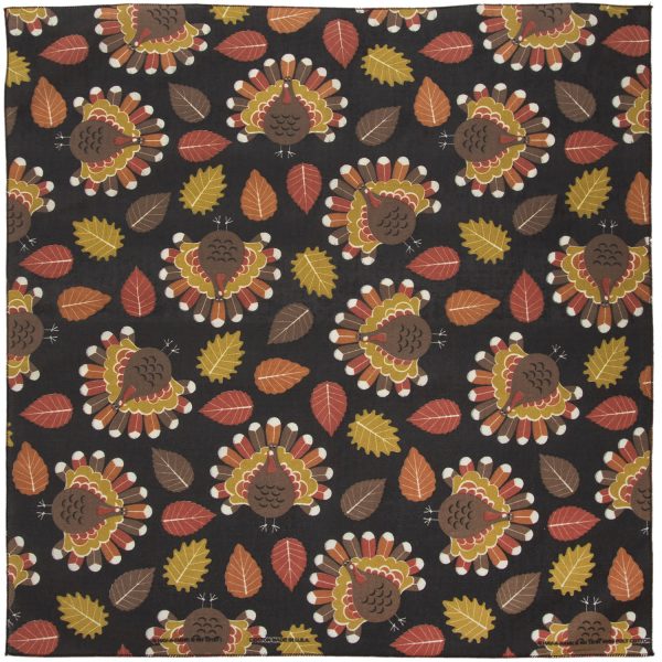 A 22x22 inch bandana featuring a tossed turkey design, perfect for Thanksgiving festivities.
