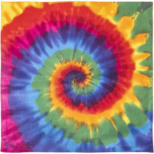 A colorful tie-dye bandana featuring a rainbow pattern, perfect for adding a fun pop of color to any outfit.