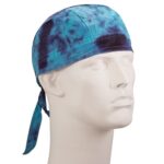 A tie dye head wrap in shades of blue, laid flat on a white background. The head wrap is 1 piece and features a colorful, swirling design.