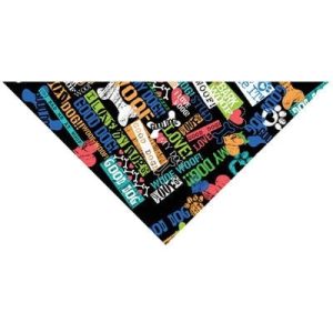 A colorful triangle bandana with the text "Eat, Paw, Love" in the center, measuring 22x29x22 inches.