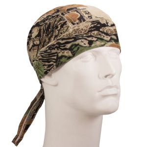 A close-up photo of a Tree Camo Head Wrap, 1 piece, featuring a camouflage pattern of branches and leaves in shades of green and brown.