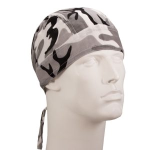 A close-up image of an urban camo doo rag, featuring a camouflage pattern in shades of black, gray, and white.