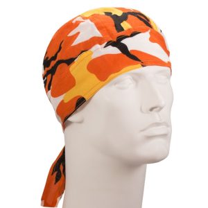 Orange and white camo doo rag, a stylish and practical accessory for outdoor activities.