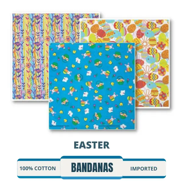 A collection of colorful Easter bandanas for sale featuring bunny designs, Easter eggs, and religious themes. Perfect for pets or to add a festive touch to your outfit. Available in pastel colors and various designs, these unique Easter bandanas are affordable and can be bought in bulk.