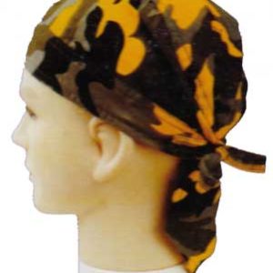 A close-up image of a stylish yellow and brown camouflage patterned doo rag, laid flat on a surface.