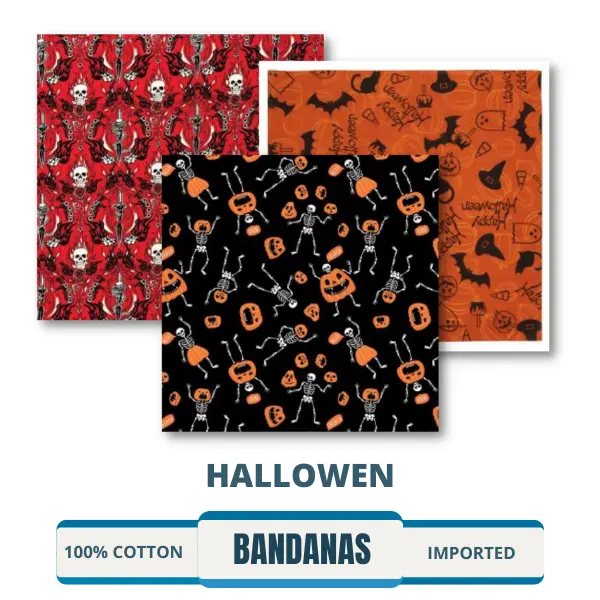 A collection of Halloween bandanas featuring spooky and scary designs perfect for trick or treating. Available for wholesale purchase in bulk or individually for sale at discounted prices. Buy your Halloween bandanas now!