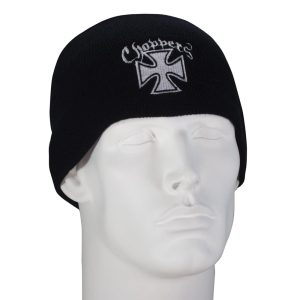 A black beanie with an embroidered Maltese Cross Choppers design, sold in a case of 144 pieces.