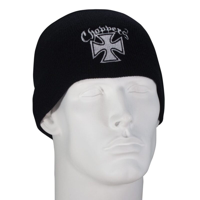 Maltese Cross Choppers Embroidered Black Beanie A black beanie with an embroidered Maltese Cross Choppers design, sold in a case of 144 pieces.