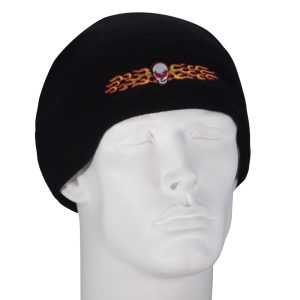 Image of a black beanie with a flaming skull embroidered design. This product comes in a case of 144 pieces.