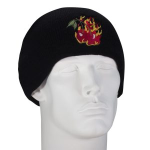 A black beanie with embroidered flaming cherries design on the front, sold in a case of 144 pieces.