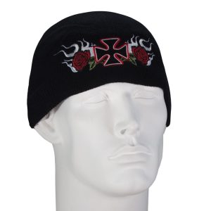 A black beanie with an embroidered Maltese cross and roses design. A case containing 144 pieces of the product.