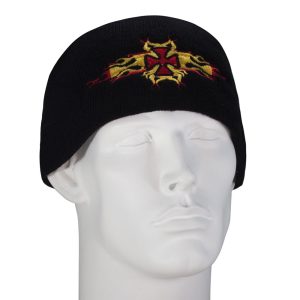 A black beanie hat with a flaming Maltese cross embroidered on the front, sold in a case of 144 pieces.