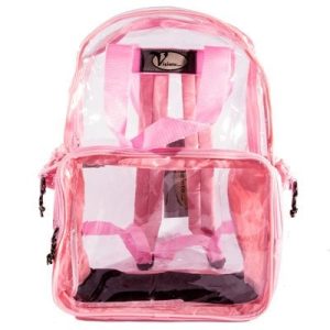 A clear PVC plastic backpack with pink trim, measuring 13.25 inches in length, 16 inches in height, and 6 inches in depth.