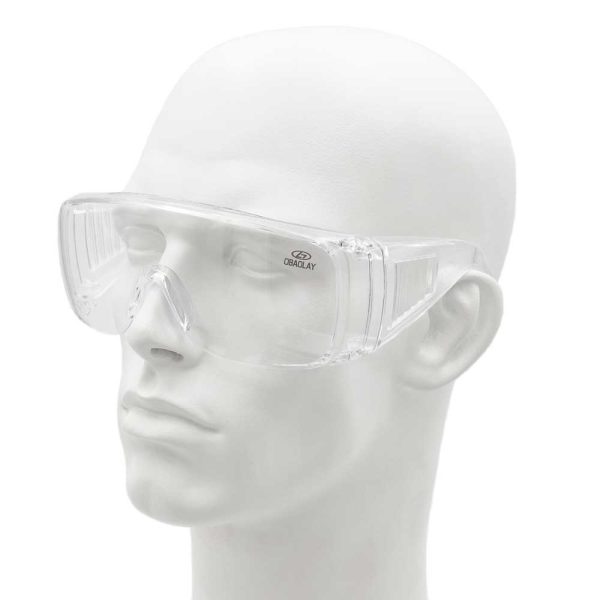 A pair of clear safety glasses with adjustable arms, used for eye protection in various industrial and construction settings.