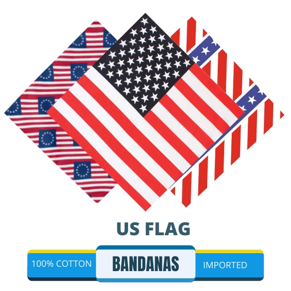 A patriotic US flag bandana featuring the red, white, and blue colors with stars and stripes design. Perfect for showing American pride and great for Fourth of July celebrations.