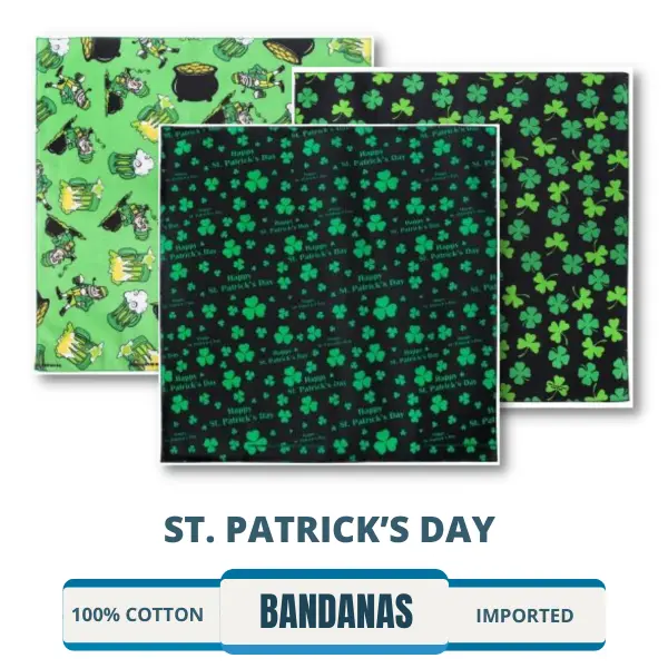 A selection of St. Patrick's Day bandanas featuring shamrocks and clovers in green colors. Perfect for celebrating the holiday, these festive and lucky bandanas are available for wholesale and bulk purchase. Irish-themed and ideal for St. Paddy's Day events.