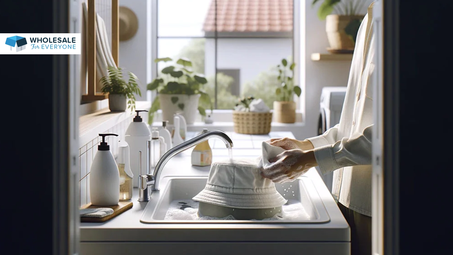 The photo shows a hand washing a bucket hat.