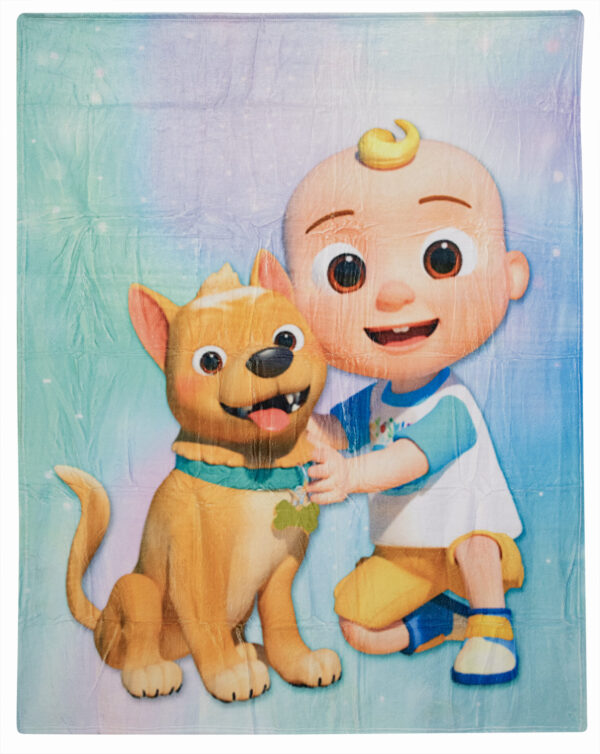 A cartoon baby with a spiraled hairstyle smiles while hugging a friendly dog in a colorful background with soft pastel hues  creating a playful and joyful scene.