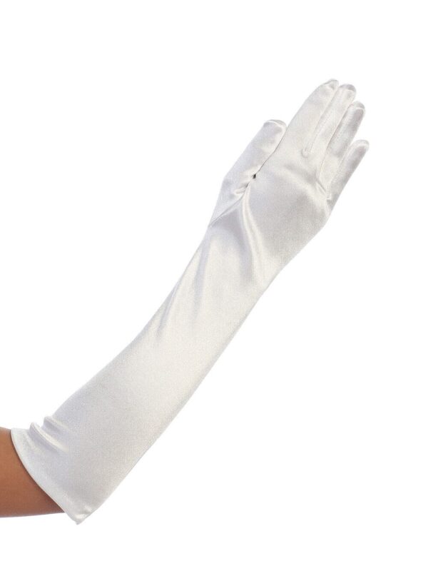 A long white satin glove extends upward with fingers slightly splayed indicating a gesture of greeting or beckoning in an undefined setting. The background is white and unobtrusive.