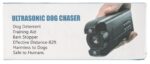Hand-held device designed to deter dogs emitting ultrasonic sounds labeled as ultrasonic dog chaser details features including bark stopper and safe usage for humans and dogs.