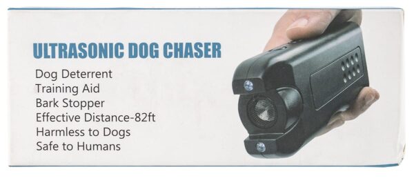 Hand-held device designed to deter dogs emitting ultrasonic sounds labeled as ultrasonic dog chaser details features including bark stopper and safe usage for humans and dogs.