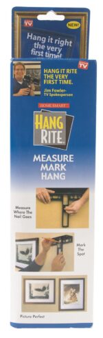 A packaging product for a picture-hanging tool shows steps for hanging pictures with illustrations depicting measuring nailing and marking with the tagline Hang it right the very first time.