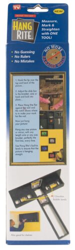 A tool for hanging pictures is displayed with instructional steps. It shows how to attach a picture  adjust it  and mark for nails while ensuring proper leveling.