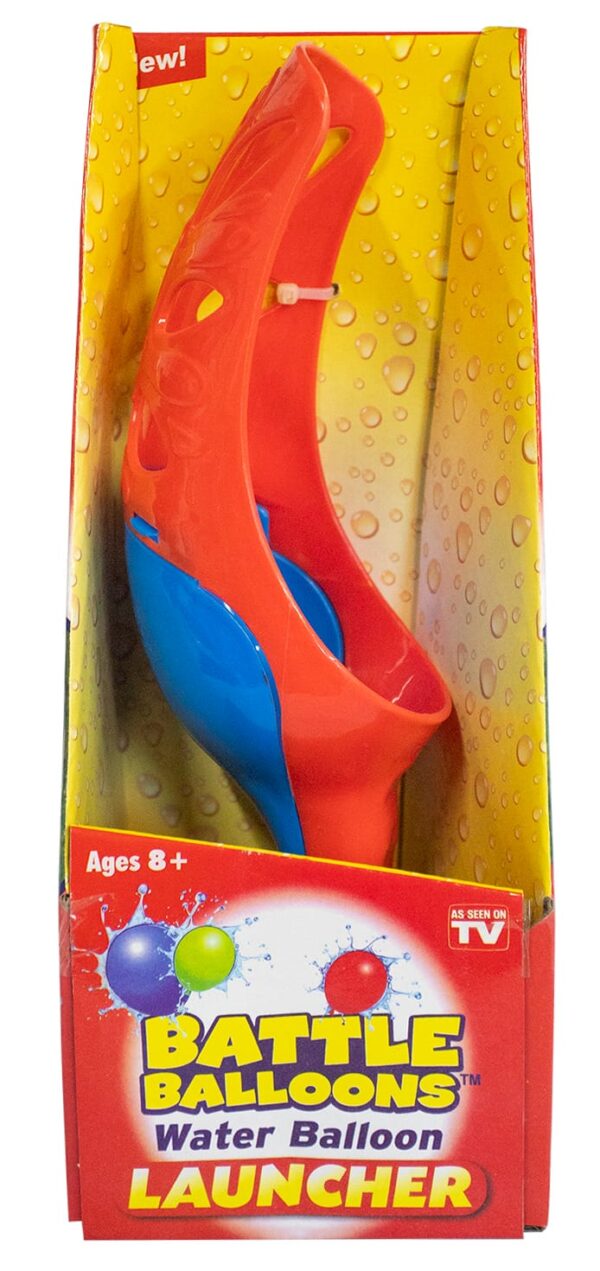 A red and blue water balloon launcher is displayed in a brightly colored packaging featuring water droplets and colorful balloon graphics with the text Battle Balloons Water Balloon Launcher and Ages 8+