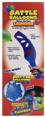 A blue water balloon launcher is being held by a hand while promoting its features surrounded by colorful balloons and images of a child engaging in a water balloon activity.