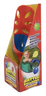 A red water balloon launcher is displayed in a box promoting its functionality children are seen playing with water balloons in a colorful outdoor setting the box emphasizes fun and excitement.