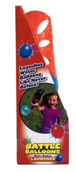 A red water balloon launcher is displayed prominently. A child is joyfully using it outdoors  preparing to launch a water balloon. The box highlights its capability with vibrant colors and fun graphics. The text reads "Launches Water Balloons Like Never Before!" and "BATTLE BALLOONS Water Balloon LAUNCHER."