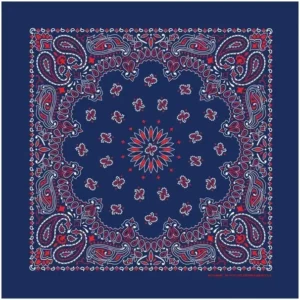 1 piece, Western Paisley Bandana - Made in USA 100% Cotton, Blue with Red and White, 22" x 22"