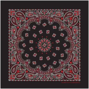 12 pieces, Western Paisley Bandana - Made in USA 100% Cotton, Black and Red (SS), 22" x 22"
