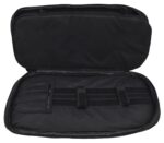 A black zippered case is open revealing a spacious interior with padded sections and Velcro straps for securing items providing a protective environment for storage or transport.