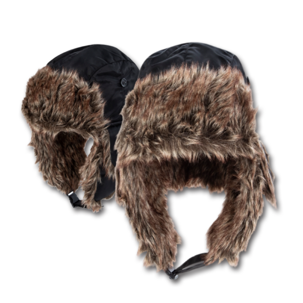 Black Trapper Hat - Faux Fur - Heavy Duty Nylon - Waterproof - Single Piece - Imported