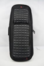 A black backpack with a geometric patterned surface is displayed upright against a plain white background showcasing pockets and zippers designed for storage and ease of access.