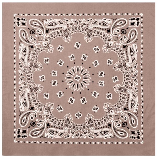 A decorative square bandana features intricate paisley patterns in white and black on a beige background creating a symmetrical floral design at the center surrounded by ornate motifs.