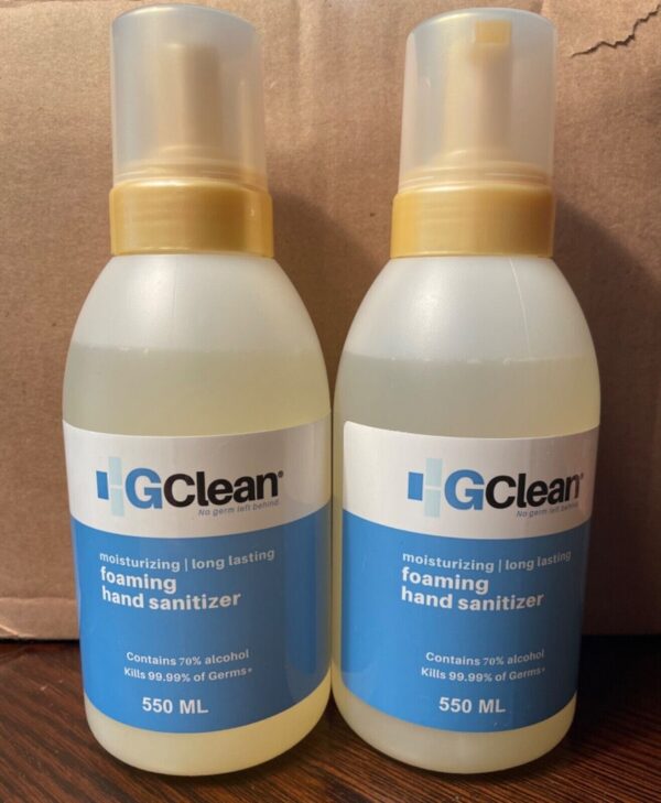 Two bottles of foaming hand sanitizer stand next to each other. They dispense a moisturizing formula that contains 70% alcohol and claims to kill 99.99% of germs.