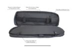 A black carrying case is opened  displaying straps to hold a weapon in place  a Molle wall for accessories  and a locking wall divider for protection  suitable for safe transportation.