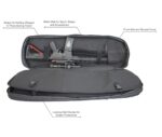 A black carrying case holds a firearm secured with straps. The interior features compartments for organization. Surrounding elements include labels indicating specific storage functions like locking dividers and accessory walls.