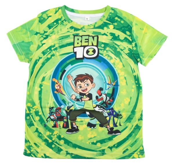 A green youth t-shirt features a cartoon character with brown hair and a watch striking a dynamic pose surrounded by various other colorful characters and swirls of vibrant green. Text reads "BEN 10."