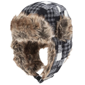 Trapper Hat Patterns - Faux Fur - Wool Blend - Black and Cream Check - Plaid Tweed, 1 piece