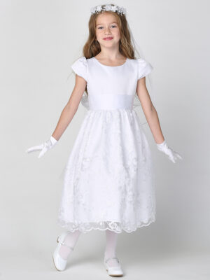 SP186 White First Communion Dress Satin & Embroidered tulle with sequins