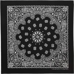 1 piece, Western Paisley Bandana - Made in USA 100% Cotton, Black, 22" x 22"