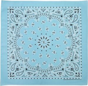 1 piece, Western Paisley Bandana - Made in USA 100% Cotton, Light Blue, 22" x 22"