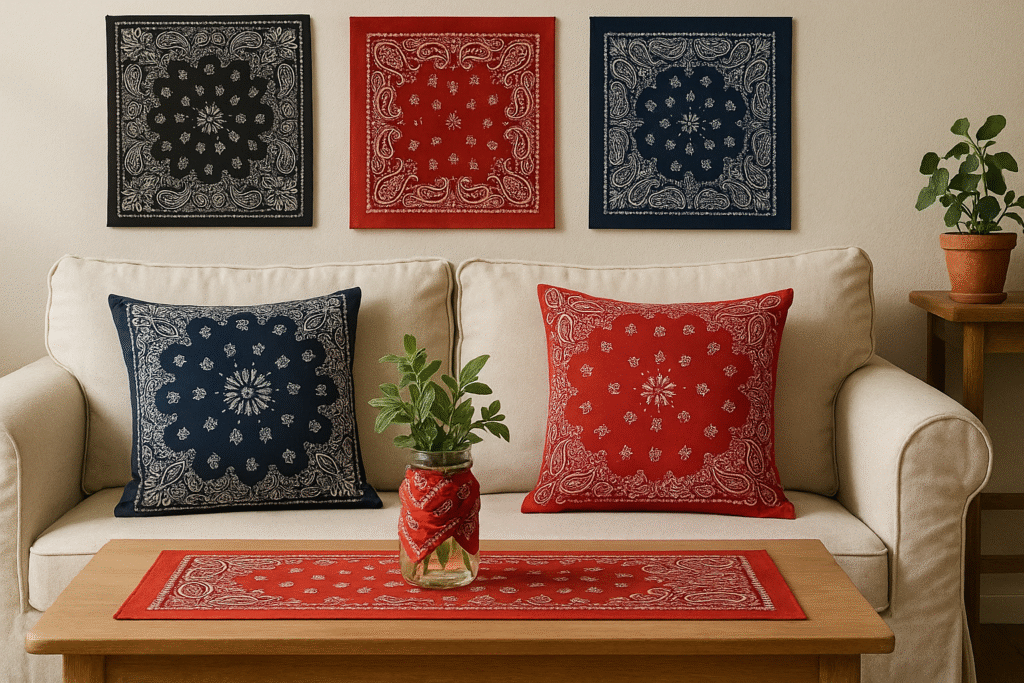 Living room with paisley bandana pillows, wall hangings, and a bandana-wrapped jar on a wooden coffee table.